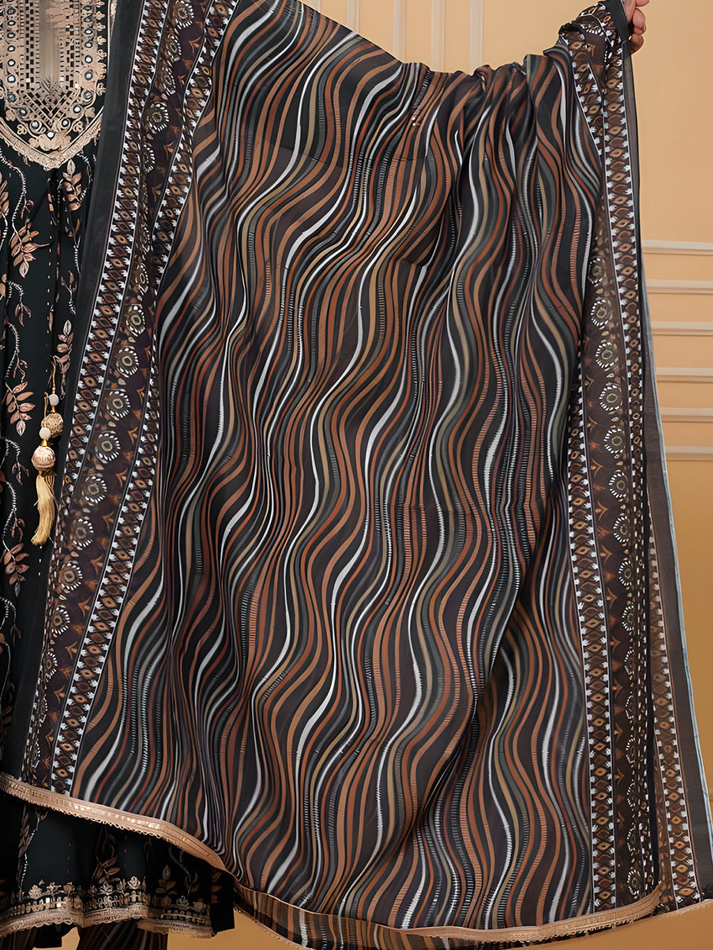 Embroidered & Leaf Printed Flared Kurta With Pant & Dupatta, Bottle-Green - Hiral Fashion