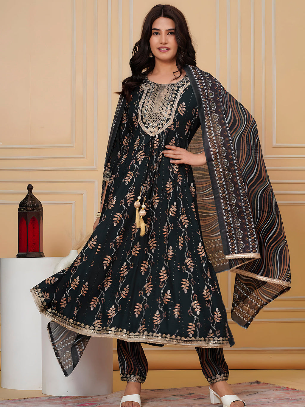 Embroidered & Leaf Printed Flared Kurta With Pant & Dupatta, Bottle-Green - Hiral Fashion