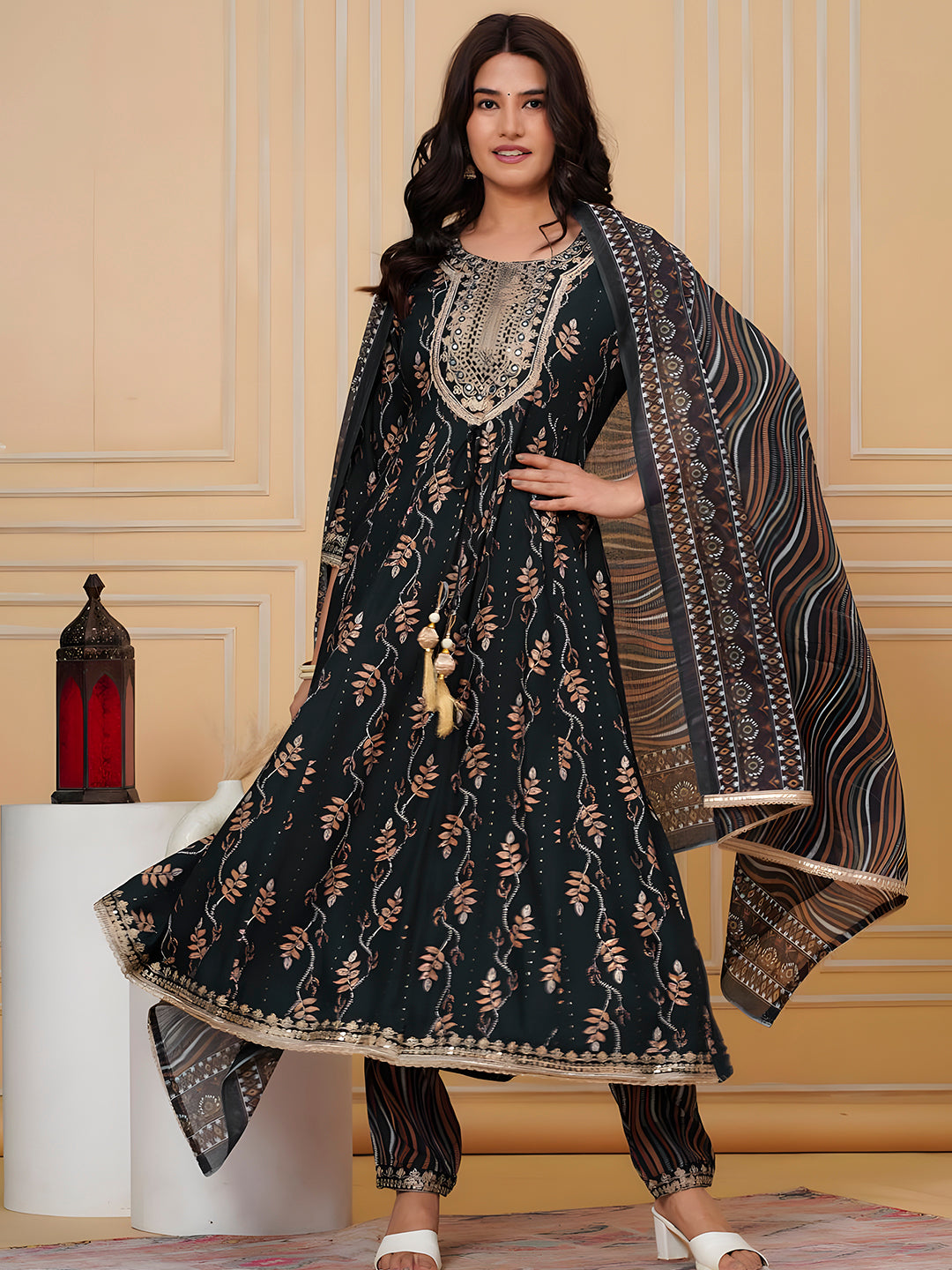 Embroidered & Leaf Printed Flared Kurta With Pant & Dupatta, Bottle-Green - Hiral Fashion