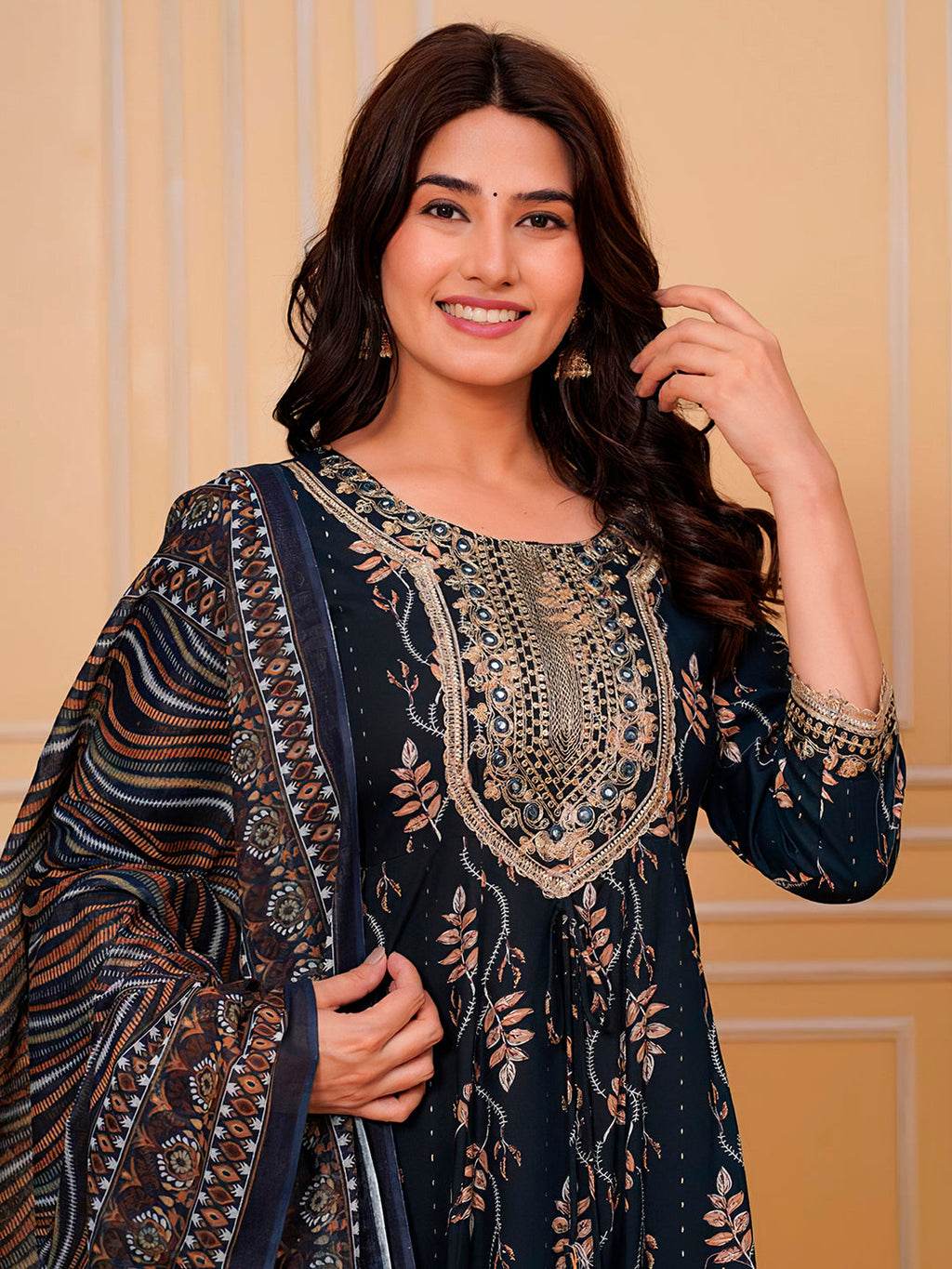 Embroidered & Leaf Printed Flared Kurta With Pant & Dupatta Luxury Premium, Navy Blue - Hiral Fashion - Distacart