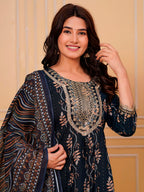 Embroidered & Leaf Printed Flared Kurta With Pant & Dupatta Luxury Premium, Navy Blue - Hiral Fashion - Distacart