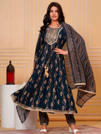 Embroidered & Leaf Printed Flared Kurta With Pant & Dupatta Luxury Premium, Navy Blue - Hiral Fashion - Distacart