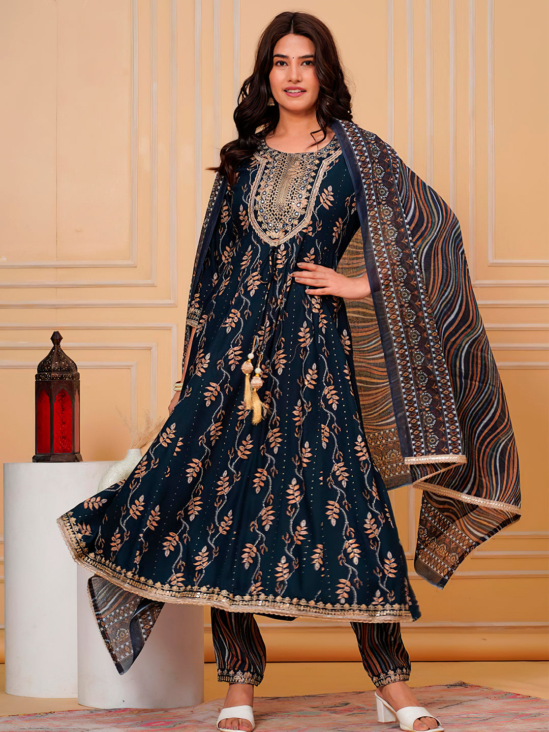 Embroidered & Leaf Printed Flared Kurta With Pant & Dupatta Luxury Premium, Navy Blue - Hiral Fashion - Distacart