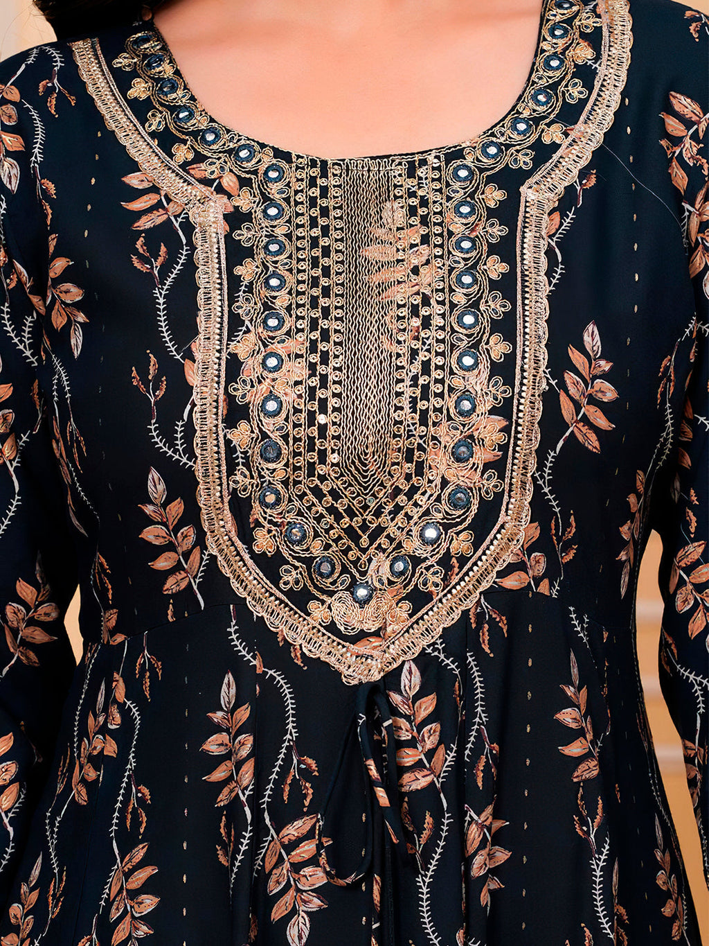 Embroidered & Leaf Printed Flared Kurta With Pant & Dupatta Luxury Premium, Navy Blue - Hiral Fashion - Distacart