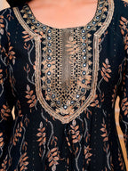 Embroidered & Leaf Printed Flared Kurta With Pant & Dupatta Luxury Premium, Navy Blue - Hiral Fashion - Distacart