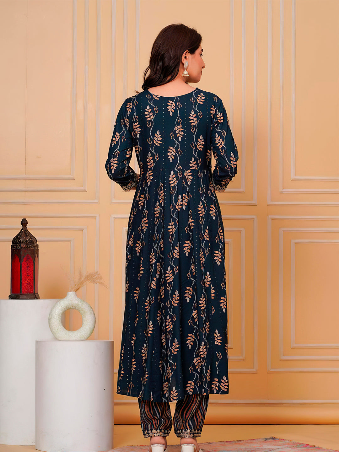 Embroidered & Leaf Printed Flared Kurta With Pant & Dupatta Luxury Premium, Navy Blue - Hiral Fashion - Distacart