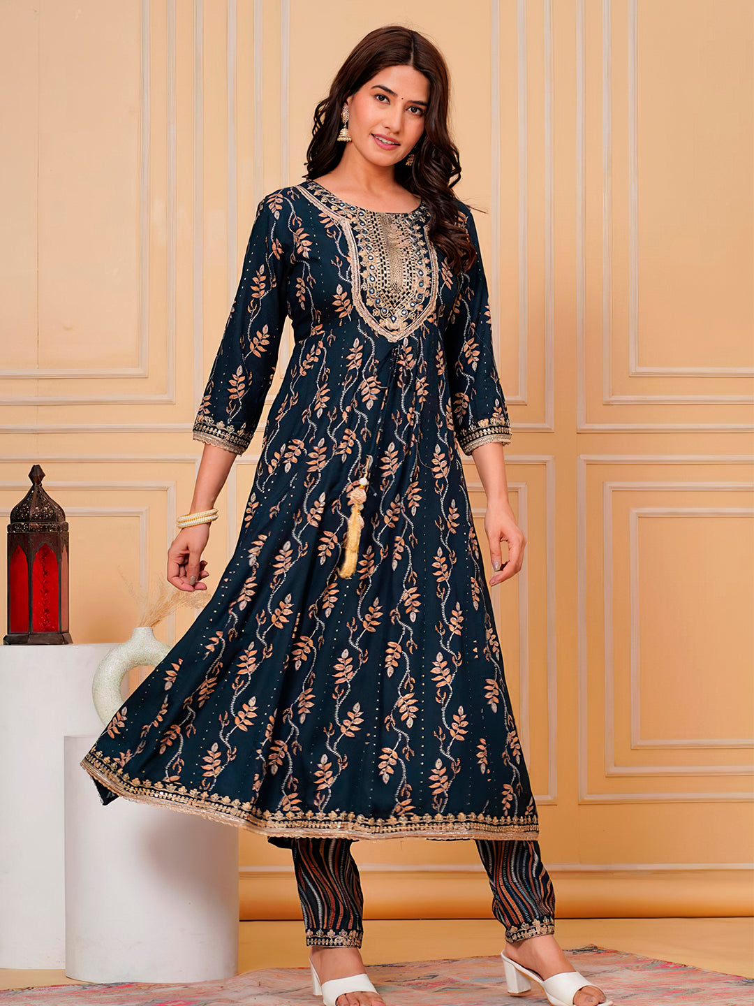 Embroidered & Leaf Printed Flared Kurta With Pant & Dupatta Luxury Premium, Navy Blue - Hiral Fashion - Distacart