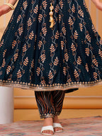 Embroidered & Leaf Printed Flared Kurta With Pant & Dupatta Luxury Premium, Navy Blue - Hiral Fashion - Distacart