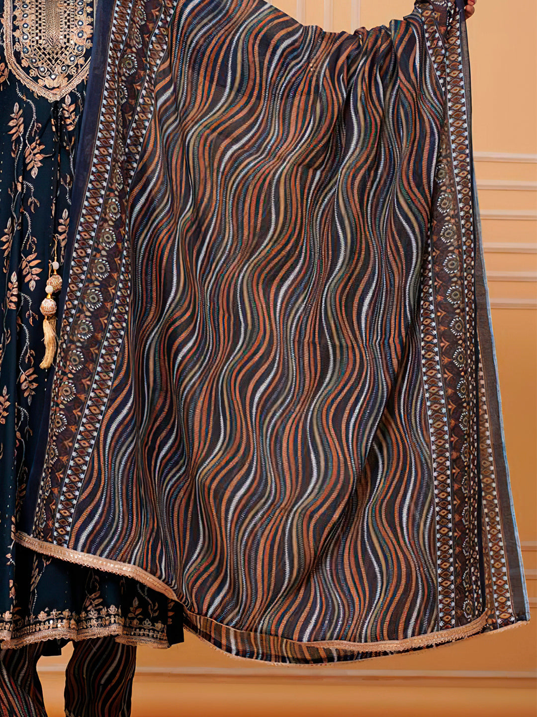 Embroidered & Leaf Printed Flared Kurta With Pant & Dupatta Luxury Premium, Navy Blue - Hiral Fashion - Distacart