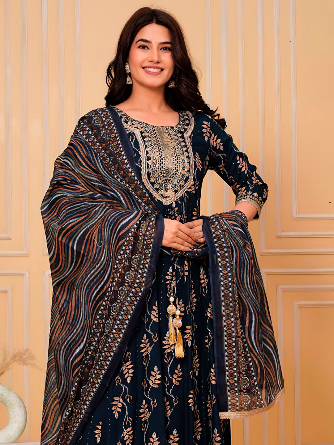 Embroidered & Leaf Printed Flared Kurta With Pant & Dupatta Luxury Premium, Navy Blue - Hiral Fashion - Distacart