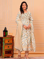 Embroidered & Botanical Printed Flared Kurta With Pant & Dupatta Luxury Premium, Yellow - Hiral Fashion - Distacart