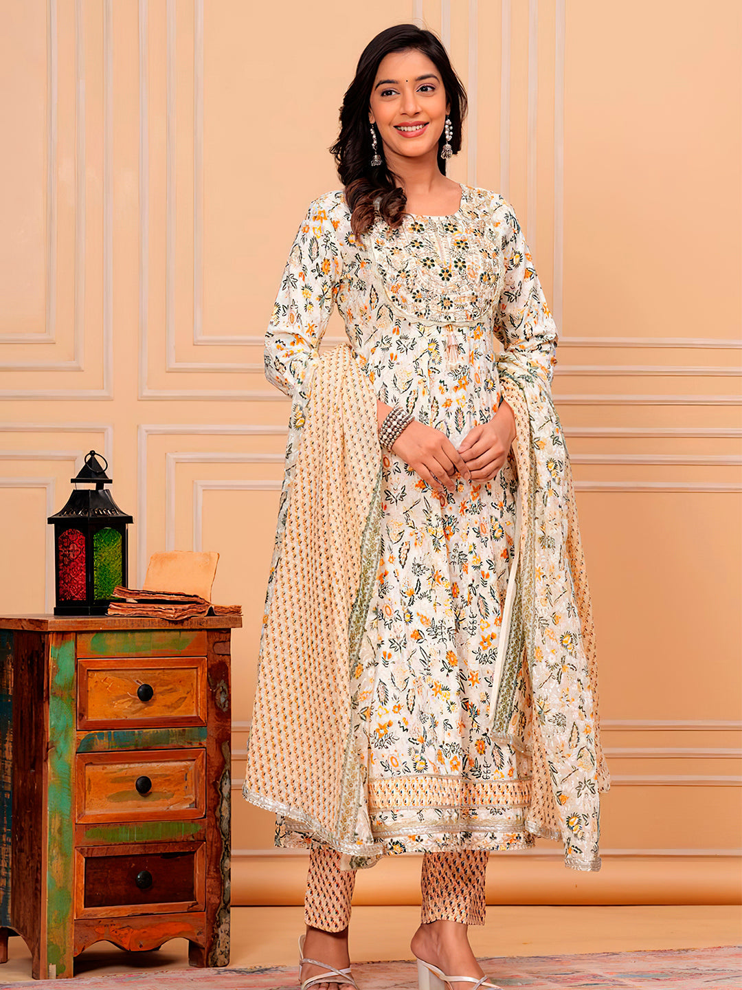 Embroidered & Botanical Printed Flared Kurta With Pant & Dupatta Luxury Premium, Yellow - Hiral Fashion - Distacart