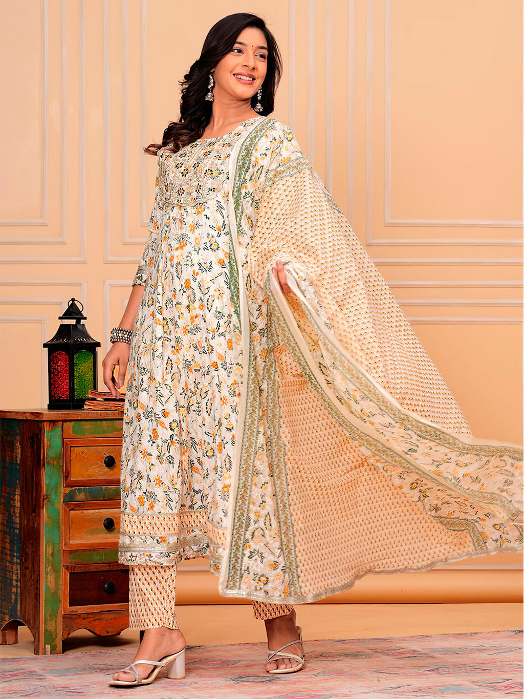 Embroidered & Botanical Printed Flared Kurta With Pant & Dupatta Luxury Premium, Yellow - Hiral Fashion - Distacart