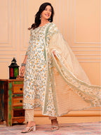 Embroidered & Botanical Printed Flared Kurta With Pant & Dupatta Luxury Premium, Yellow - Hiral Fashion - Distacart