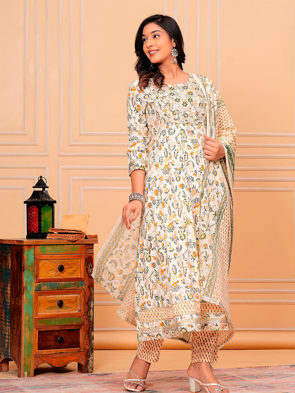 Embroidered & Botanical Printed Flared Kurta With Pant & Dupatta Luxury Premium, Yellow - Hiral Fashion - Distacart