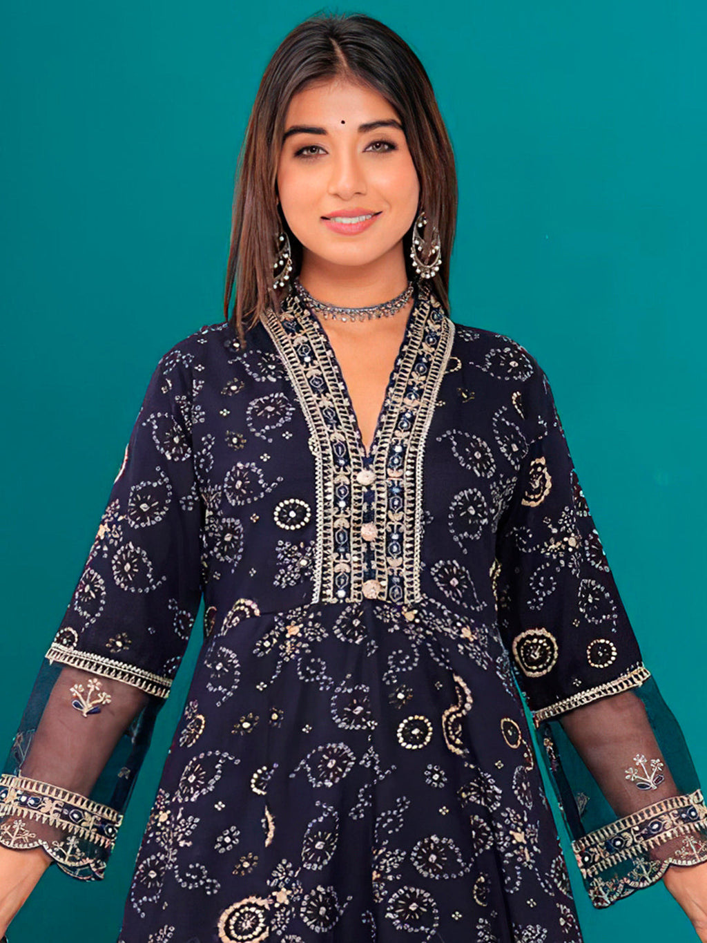 Embroidered & Bandhani Printed Kurta With Pant & Dupatta, Navy Blue - Hiral Fashion