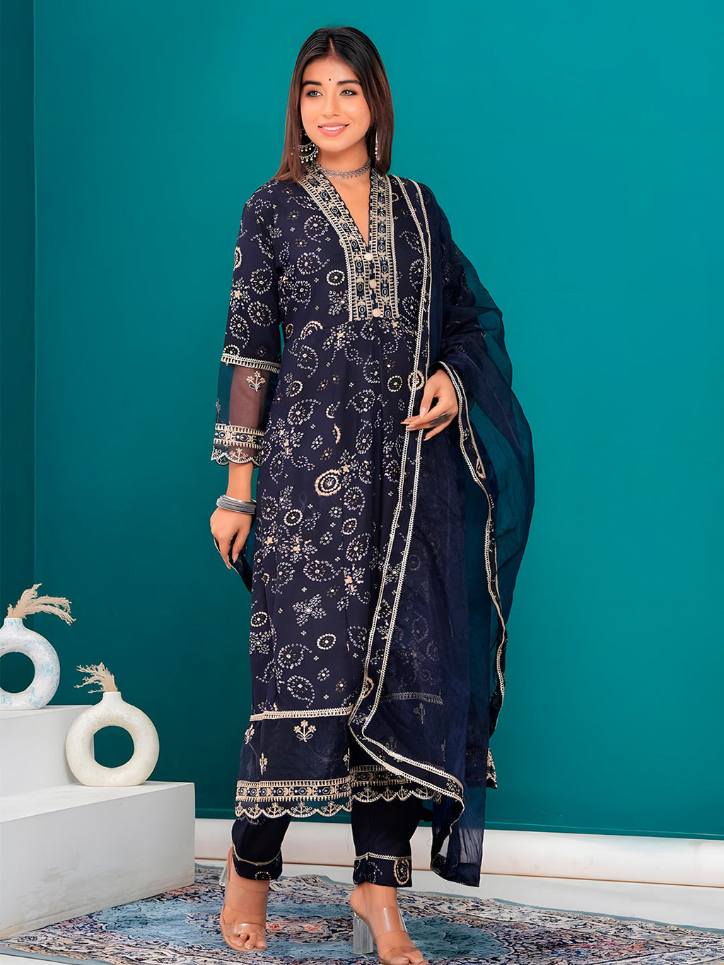 Embroidered & Bandhani Printed Kurta With Pant & Dupatta, Navy Blue - Hiral Fashion