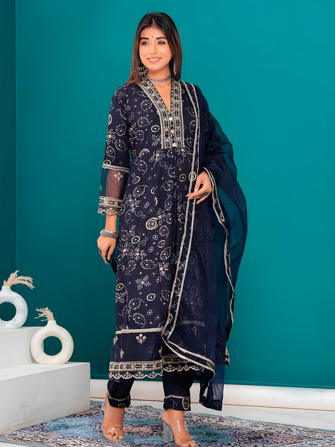 Embroidered & Bandhani Printed Kurta With Pant & Dupatta, Navy Blue - Hiral Fashion