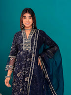 Embroidered & Bandhani Printed Kurta With Pant & Dupatta, Navy Blue - Hiral Fashion