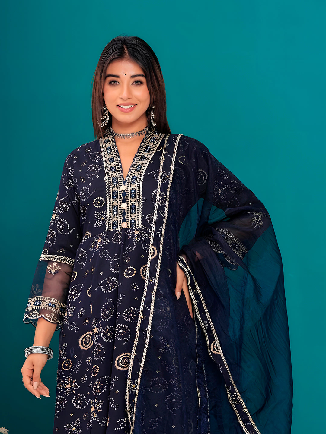 Embroidered & Bandhani Printed Kurta With Pant & Dupatta, Navy Blue - Hiral Fashion