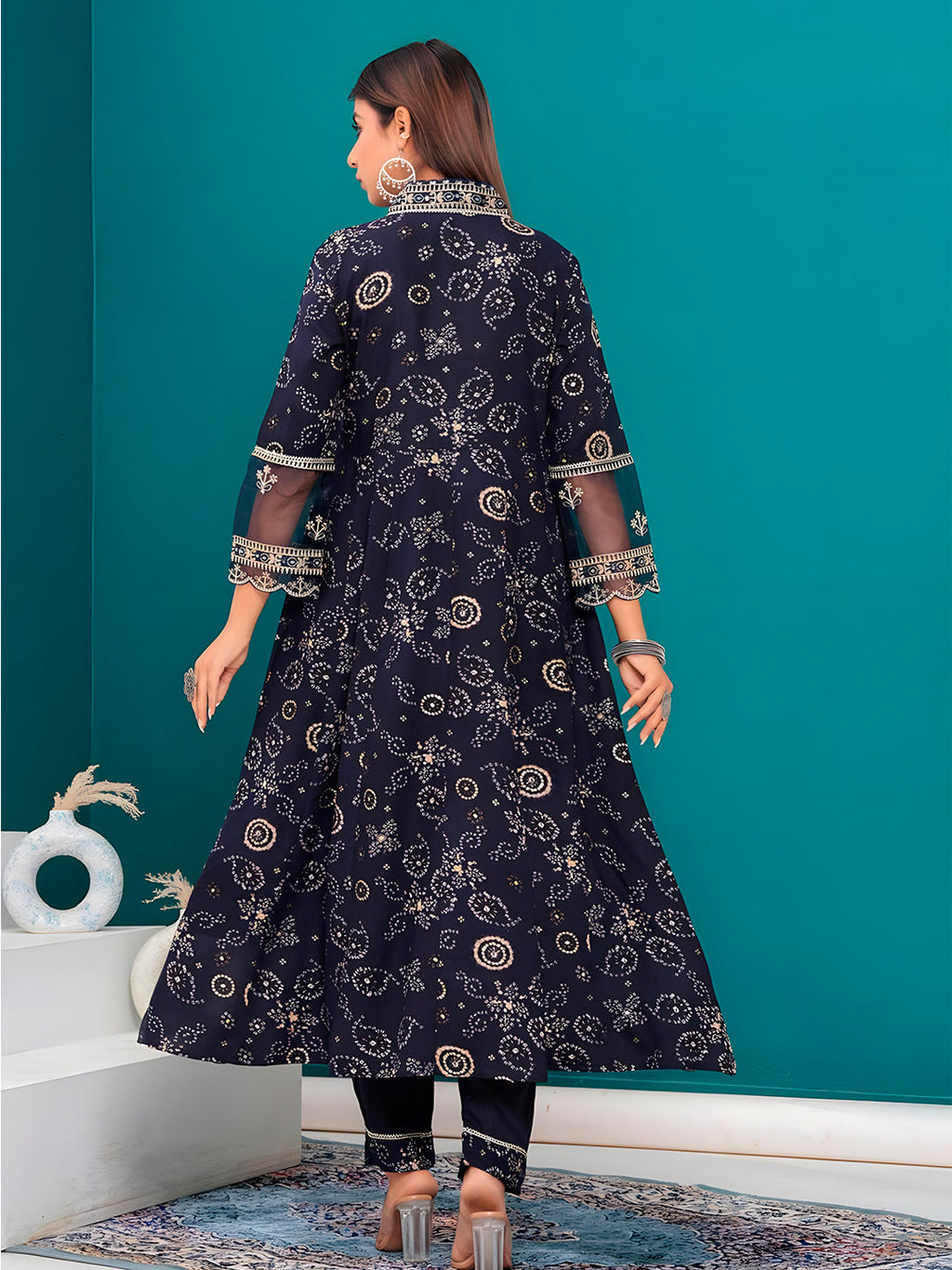 Embroidered & Bandhani Printed Kurta With Pant & Dupatta, Navy Blue - Hiral Fashion