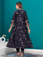 Embroidered & Bandhani Printed Kurta With Pant & Dupatta, Navy Blue - Hiral Fashion
