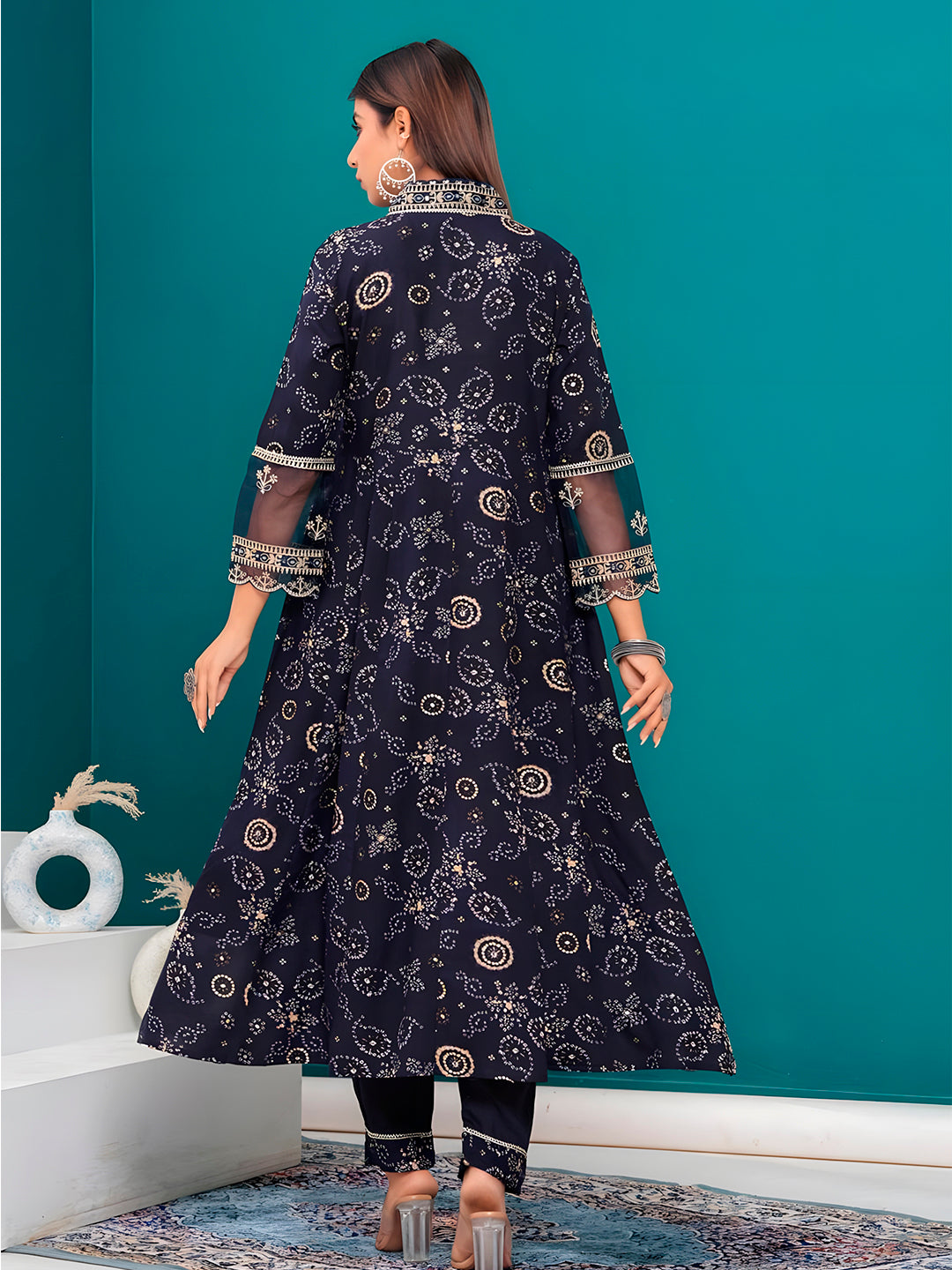 Embroidered & Bandhani Printed Kurta With Pant & Dupatta, Navy Blue - Hiral Fashion
