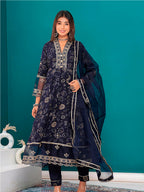 Embroidered & Bandhani Printed Kurta With Pant & Dupatta, Navy Blue - Hiral Fashion