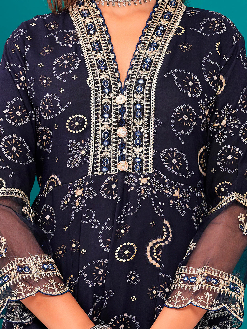 Embroidered & Bandhani Printed Kurta With Pant & Dupatta, Navy Blue - Hiral Fashion