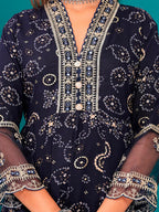 Embroidered & Bandhani Printed Kurta With Pant & Dupatta, Navy Blue - Hiral Fashion
