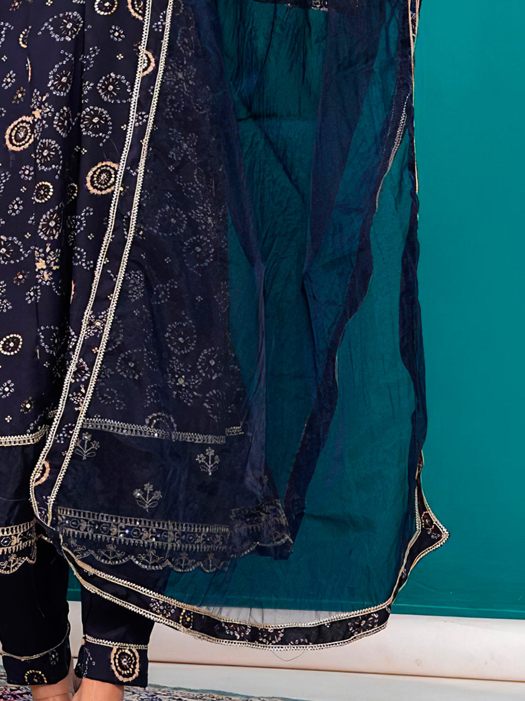 Embroidered & Bandhani Printed Kurta With Pant & Dupatta, Navy Blue - Hiral Fashion