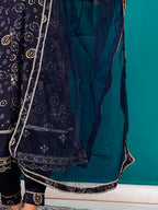Embroidered & Bandhani Printed Kurta With Pant & Dupatta, Navy Blue - Hiral Fashion