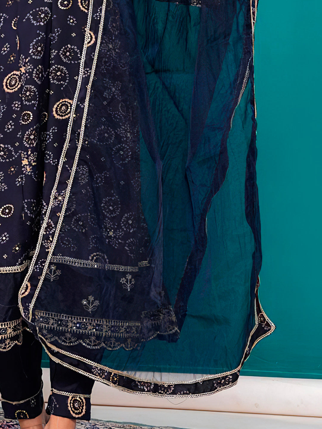 Embroidered & Bandhani Printed Kurta With Pant & Dupatta, Navy Blue - Hiral Fashion