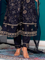 Embroidered & Bandhani Printed Kurta With Pant & Dupatta, Navy Blue - Hiral Fashion