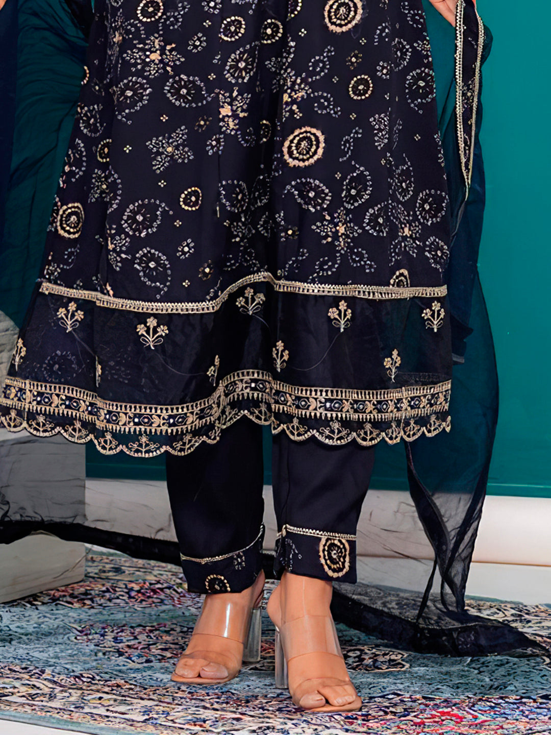 Embroidered & Bandhani Printed Kurta With Pant & Dupatta, Navy Blue - Hiral Fashion