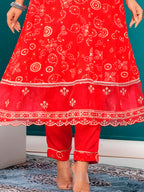 Embroidered & Bandhani Printed Kurta With Pant & Dupatta, Red - Hiral Fashion - Distacart