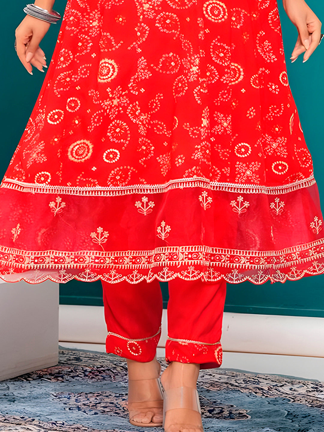 Embroidered & Bandhani Printed Kurta With Pant & Dupatta, Red - Hiral Fashion - Distacart