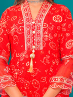 Embroidered & Bandhani Printed Kurta With Pant & Dupatta, Red - Hiral Fashion - Distacart