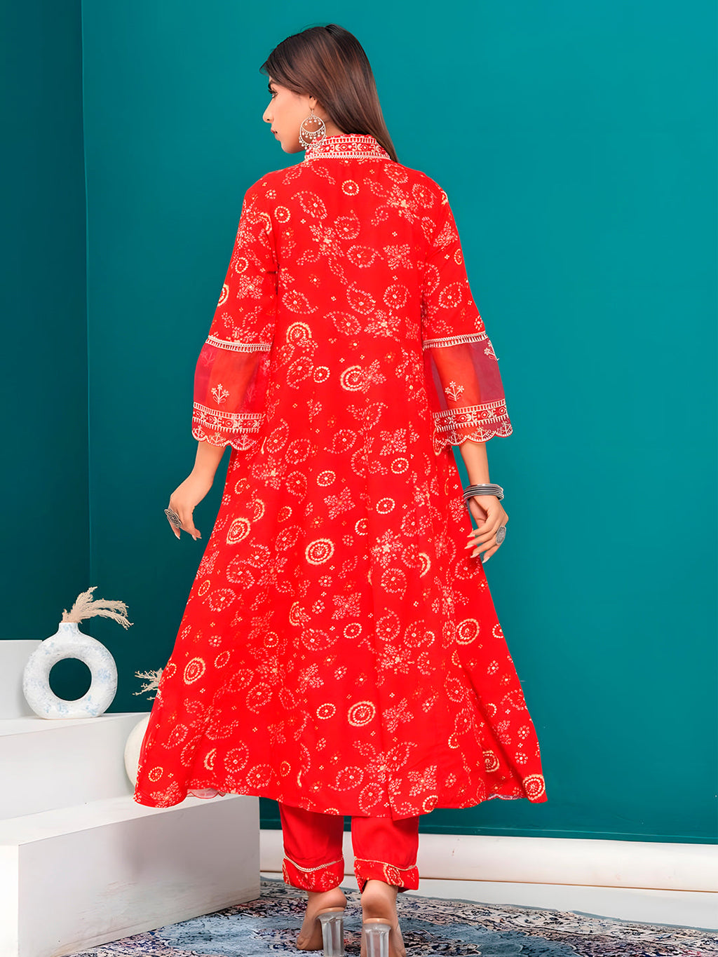 Embroidered & Bandhani Printed Kurta With Pant & Dupatta, Red - Hiral Fashion - Distacart