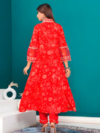 Embroidered & Bandhani Printed Kurta With Pant & Dupatta, Red - Hiral Fashion - Distacart