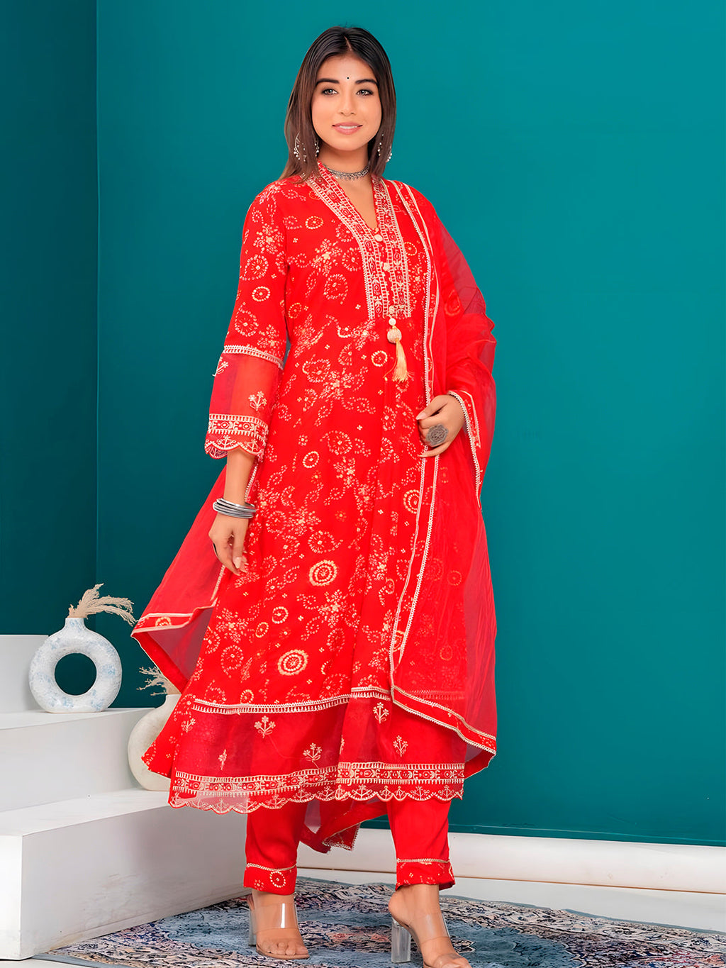 Embroidered & Bandhani Printed Kurta With Pant & Dupatta, Red - Hiral Fashion - Distacart