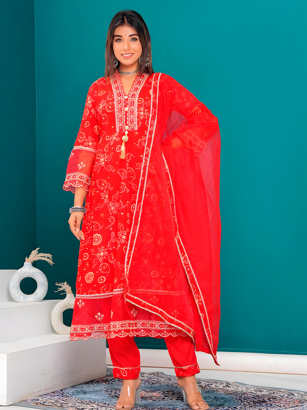 Embroidered & Bandhani Printed Kurta With Pant & Dupatta, Red - Hiral Fashion - Distacart
