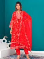 Embroidered & Bandhani Printed Kurta With Pant & Dupatta, Red - Hiral Fashion - Distacart