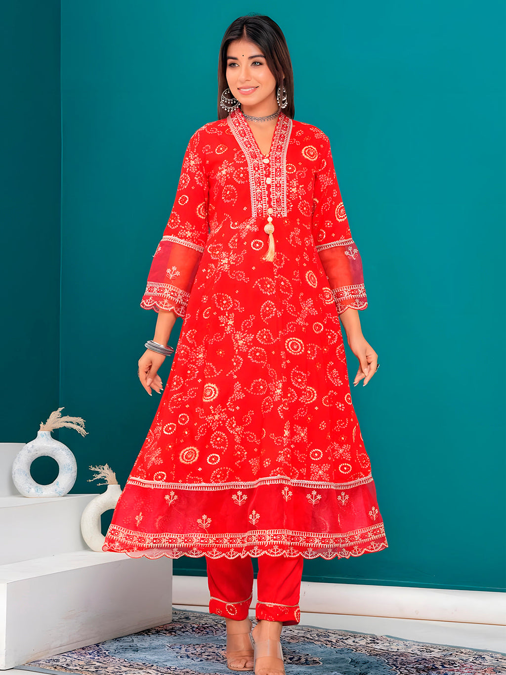 Embroidered & Bandhani Printed Kurta With Pant & Dupatta, Red - Hiral Fashion - Distacart