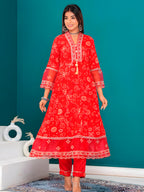 Embroidered & Bandhani Printed Kurta With Pant & Dupatta, Red - Hiral Fashion - Distacart