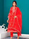 Embroidered & Bandhani Printed Kurta With Pant & Dupatta, Red - Hiral Fashion - Distacart
