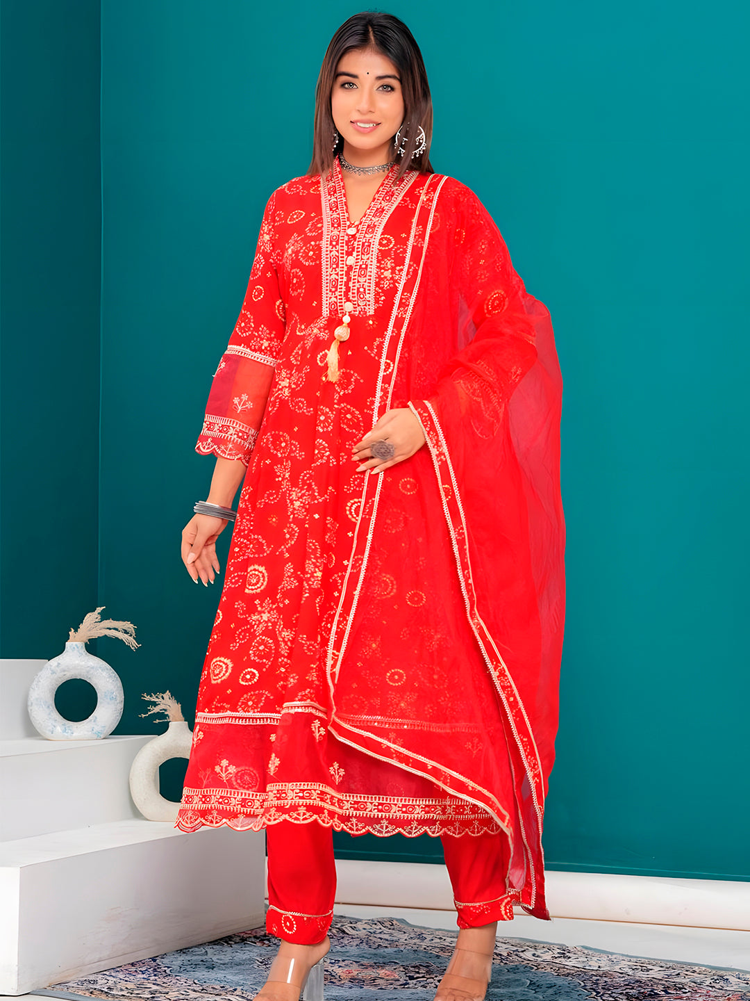 Embroidered & Bandhani Printed Kurta With Pant & Dupatta, Red - Hiral Fashion - Distacart