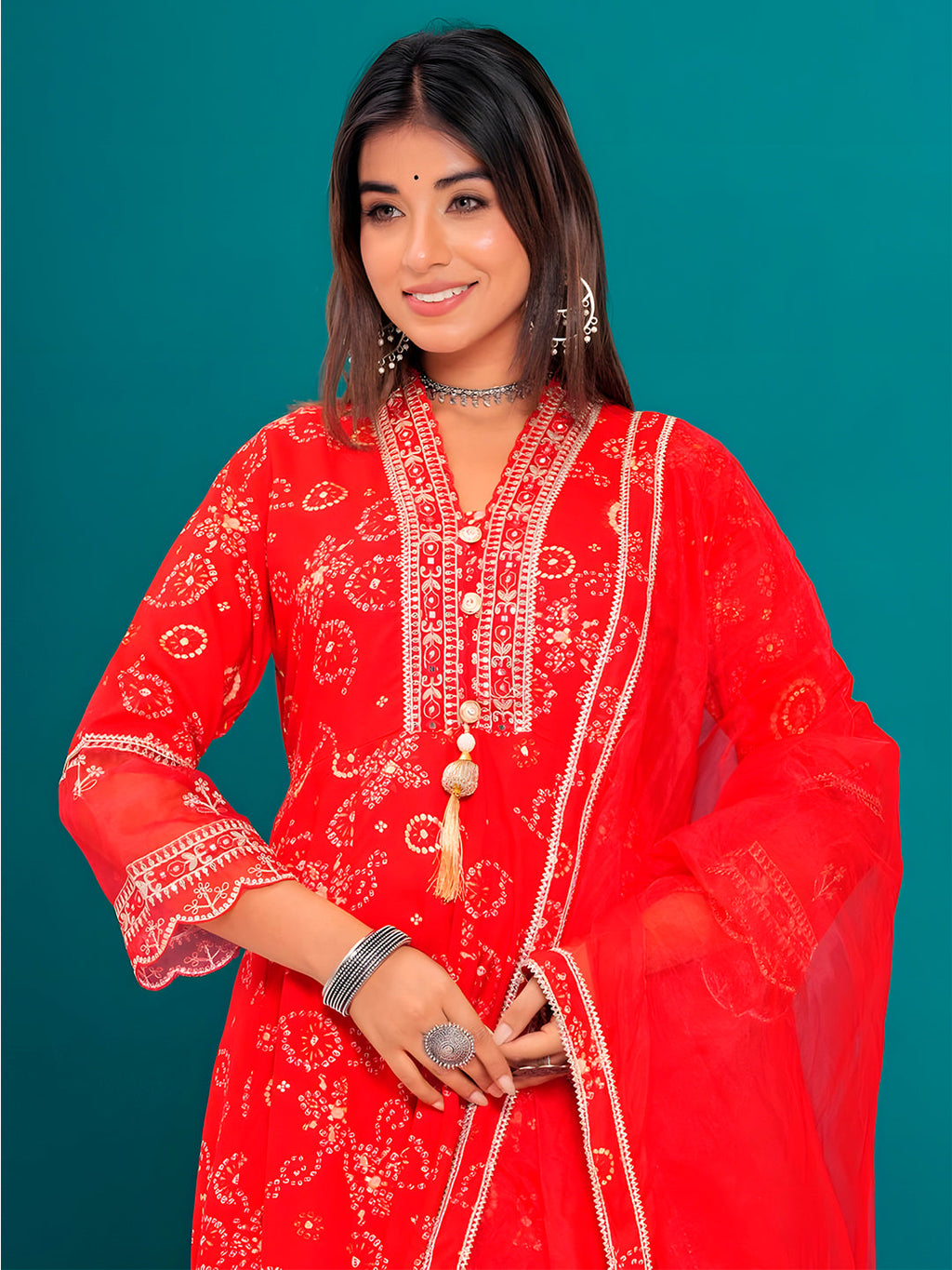 Embroidered & Bandhani Printed Kurta With Pant & Dupatta, Red - Hiral Fashion - Distacart