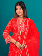 Embroidered & Bandhani Printed Kurta With Pant & Dupatta, Red - Hiral Fashion - Distacart