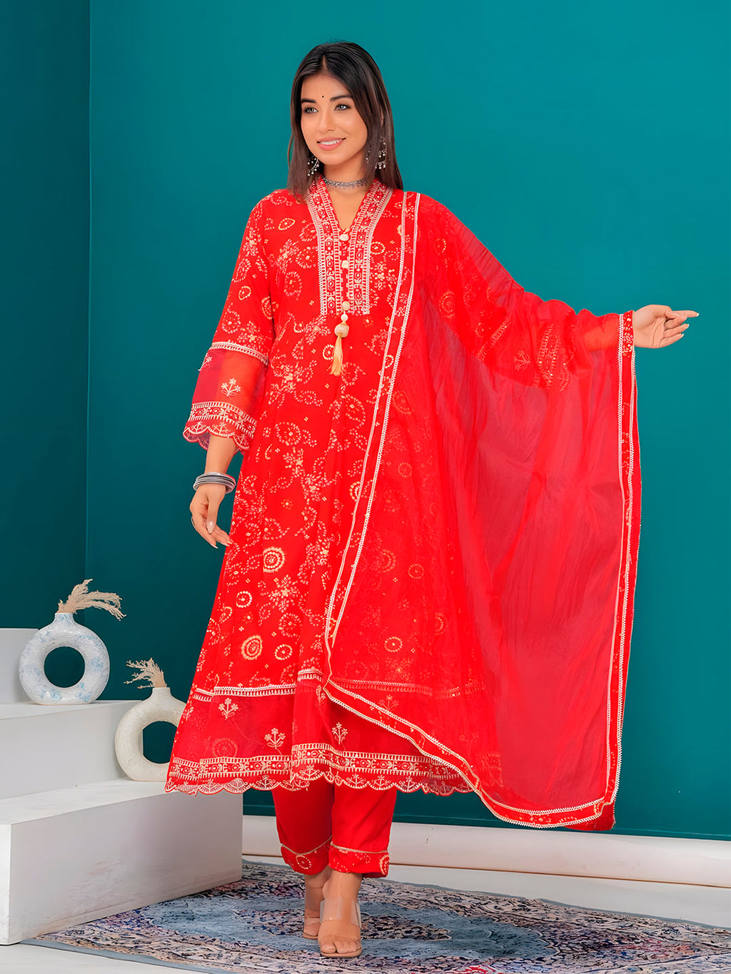 Embroidered & Bandhani Printed Kurta With Pant & Dupatta, Red - Hiral Fashion - Distacart